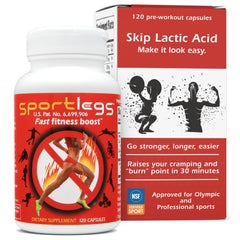 SportLegs pre-exercise primer bottle close-up showing ready-to-use capsules for steady starts