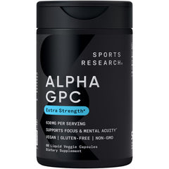 Sports Research Alpha GPC 630mg bottle highlights the extra strength formula for focus support.
