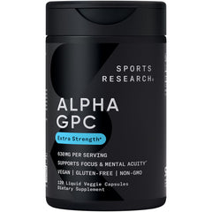 Sports Research Alpha GPC 630mg bottle promoting cognitive focus during study or work.