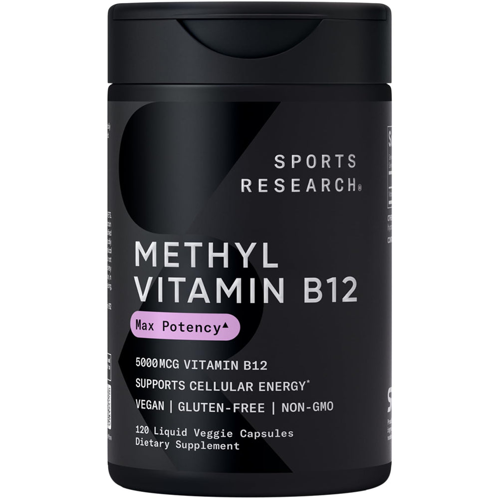 Sports Research B12 5000mcg bottle highlights methylcobalamin for energy metabolism.