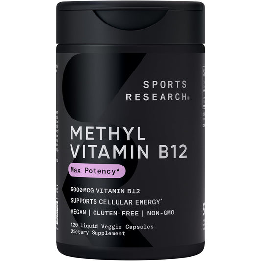 Sports Research B12 5000mcg bottle highlights methylcobalamin for energy metabolism.
