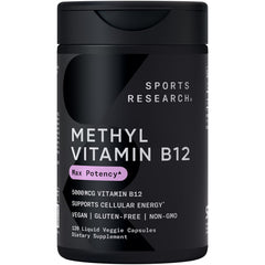Sports Research B12 5000mcg bottle highlights methylcobalamin for energy metabolism.