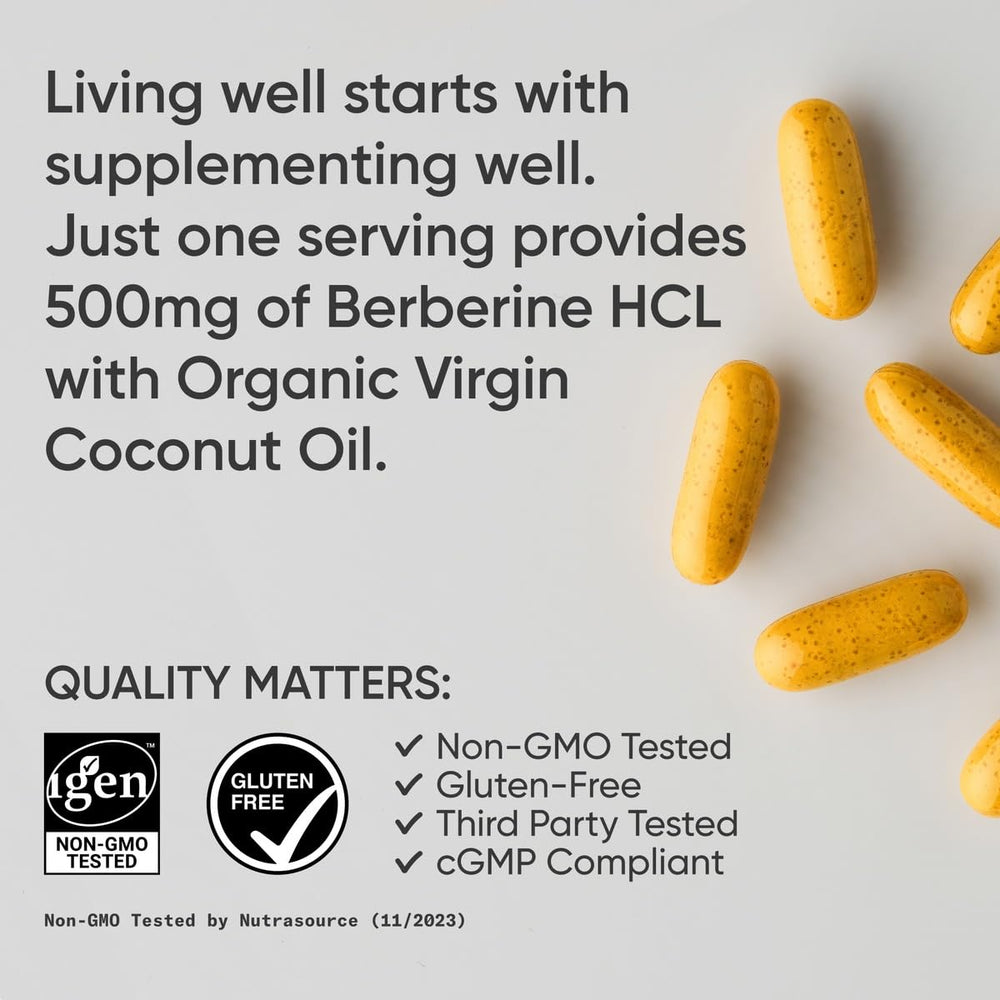 Berberine with coconut oil softgel image suggests easy ingestion.