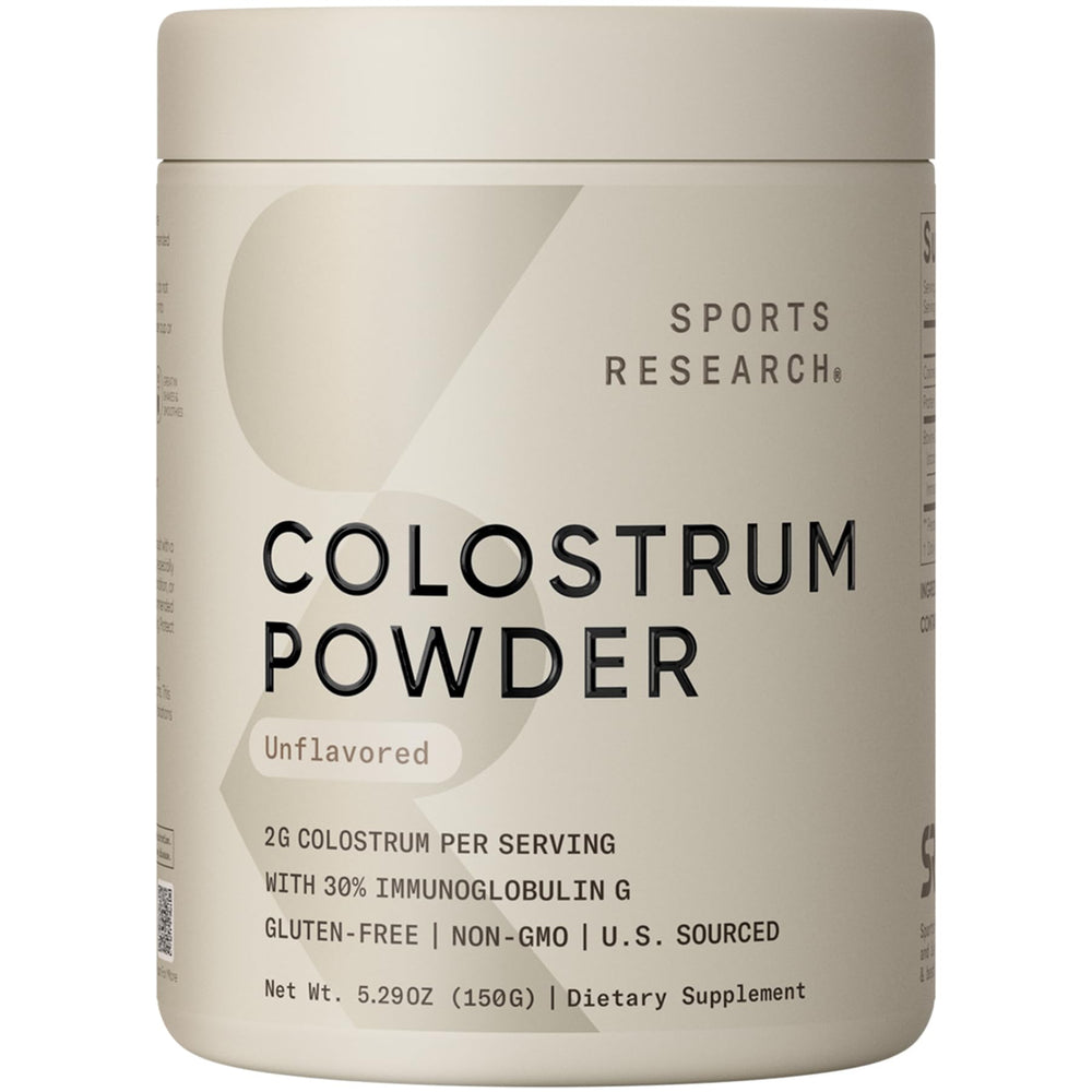 Sports Research bovine colostrum powder tub showing premium US-sourced nutrition for daily wellness