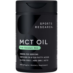 Sports Research Coconut MCT Oil bottle close-up showing 3000mg energy support.