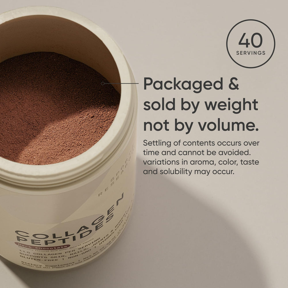 Sports Research Collagen Peptides dark chocolate flavor in glass for flavorful daily dose.