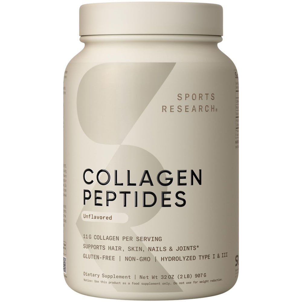 Sports Research Collagen Peptides jar with powder for daily skin and joint support.