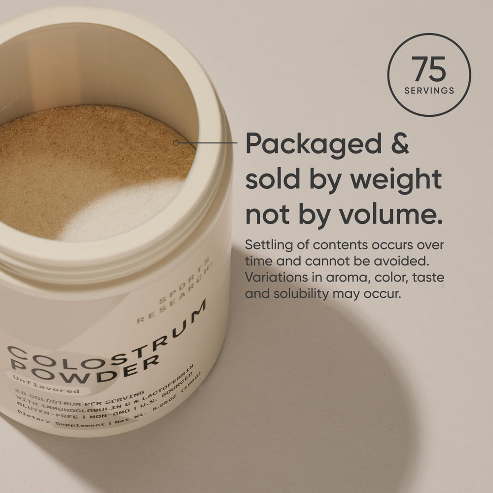 Sports Research colostrum powder label emphasizing non-GMO and gluten-free features