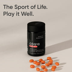 Sports Research CoQ10 bottle beside a glass of water for daily use.