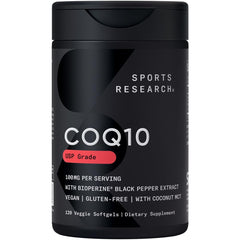 Sports Research CoQ10 bottle showing coconut oil blend for enhanced absorption.