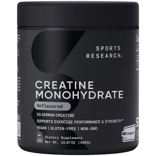 Sports Research creatine monohydrate bottle showing Creapure purity for athletes