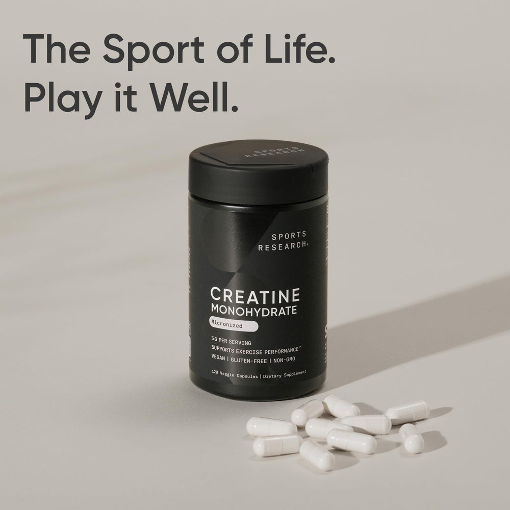 Sports Research Creatine Monohydrate Capsules daily-use bottle, convenient for consistent training.