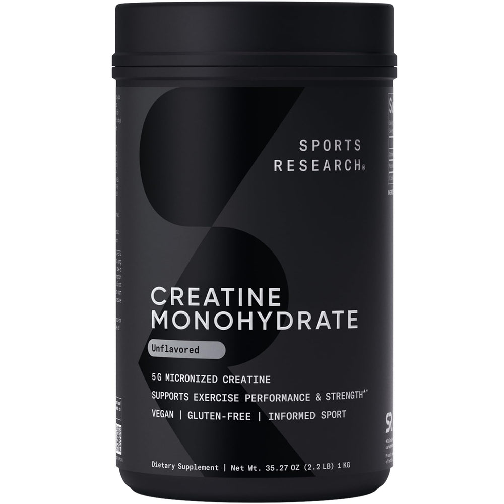 Sports Research Creatine Monohydrate powder in a jar ready for smooth mixing and lean muscle support.