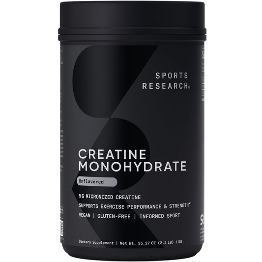 Sports Research Creatine Monohydrate powder in a jar ready for smooth mixing and lean muscle support.