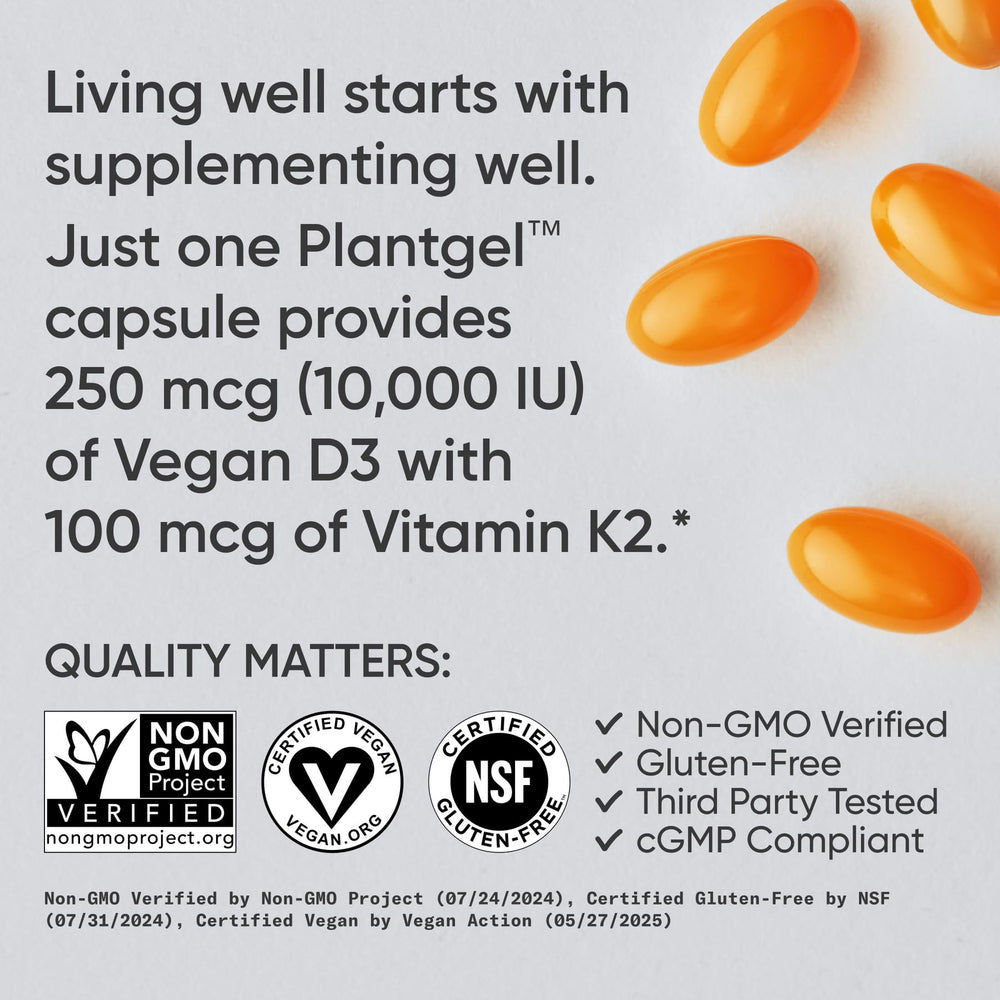 Sports Research plant-based D3 and K2 softgels on shelf suggest daily wellness support.