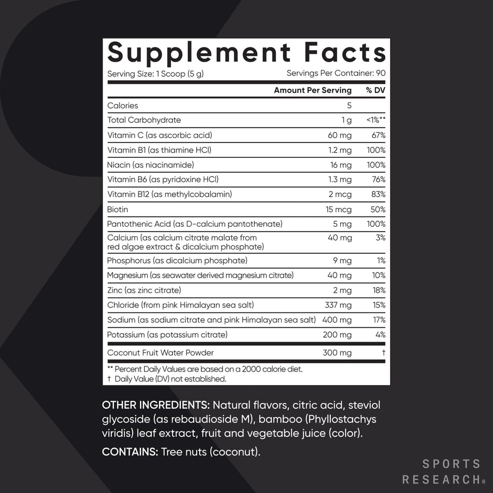 Sports Research Hydrate Powder includes coconut water powder for natural sweetness
