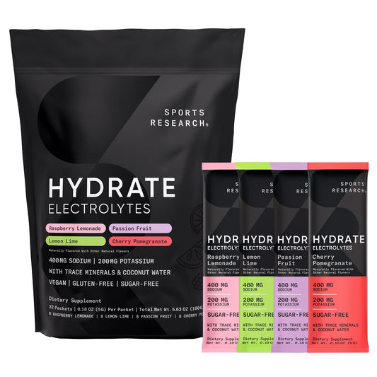 Sports Research Hydrate Lemon Lime packet for refreshing, sugar-free hydration on the go.