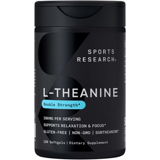 Sports Research L-Theanine 200mg bottle visual for calm focus and daily wellness.
