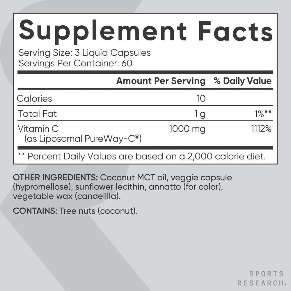 Sports Research liposomal Vitamin C jar with pour spout illustrating on-the-go capsules.