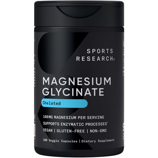 Sports Research Magnesium Glycinate bottle with vegan capsules for sleep support.