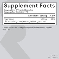 Sports Research Magnesium Glycinate vegan capsule with 160 mg per serving.
