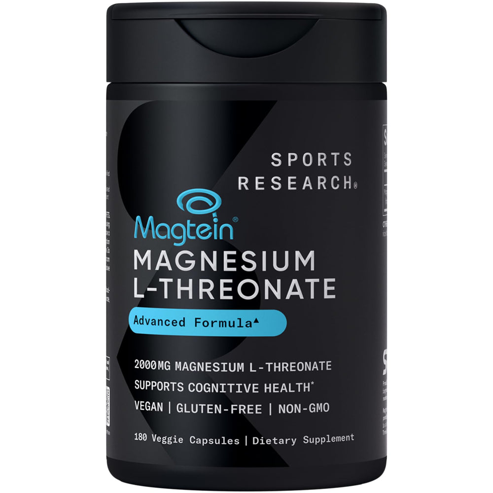 Sports Research Magtein bottle with capsules promoting brain health.