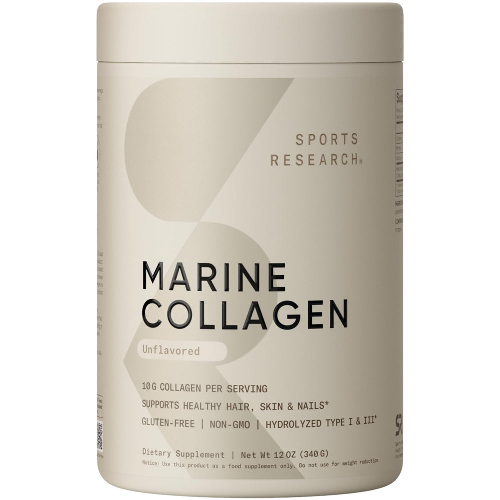 Sports Research Marine Collagen Peptides bottle front for daily beauty and joint support.