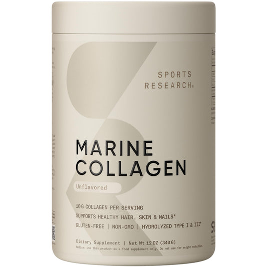 Sports Research Marine Collagen Peptides bottle front for daily beauty and joint support.