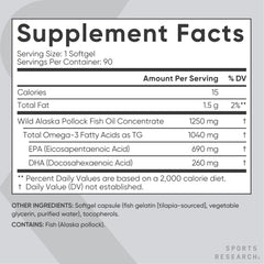 Sports Research Omega-3 bottle depicts Alaska pollock sourcing and purity