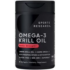 Sports Research Omega-3 Krill Oil bottle highlighting high omega-3 and phospholipid support