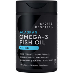 Sports Research Omega-3 mini softgels bottle for daily wellness support and easy dosing.