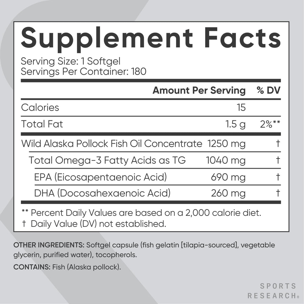 Sports Research Omega-3 pouring softgels illustrating simple daily dose