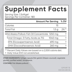 Sports Research Omega-3 pouring softgels illustrating simple daily dose