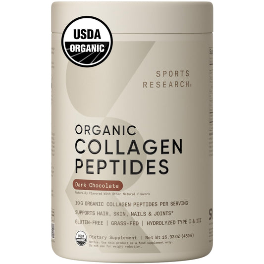 Sports Research Organic Collagen Powder tub front highlighting premium organic formula for daily wellness