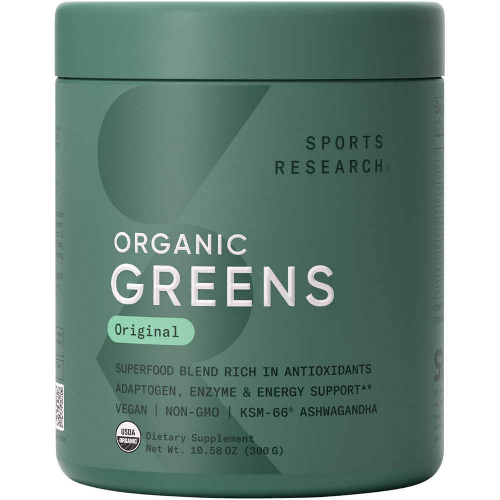 Sports Research Organic Greens Powder tub with a vibrant label supports daily greens intake.