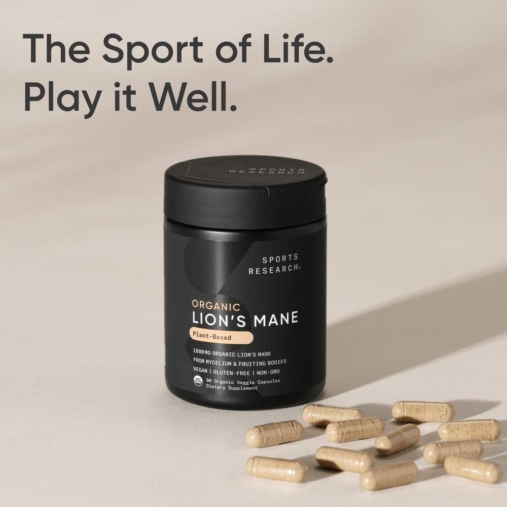 Sports Research Organic Lions Mane certifications and labels indicating organic, vegan, gluten-free