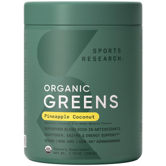Sports Research Pineapple Coconut Greens bottle showcases USDA Organic formula for daily digestion support
