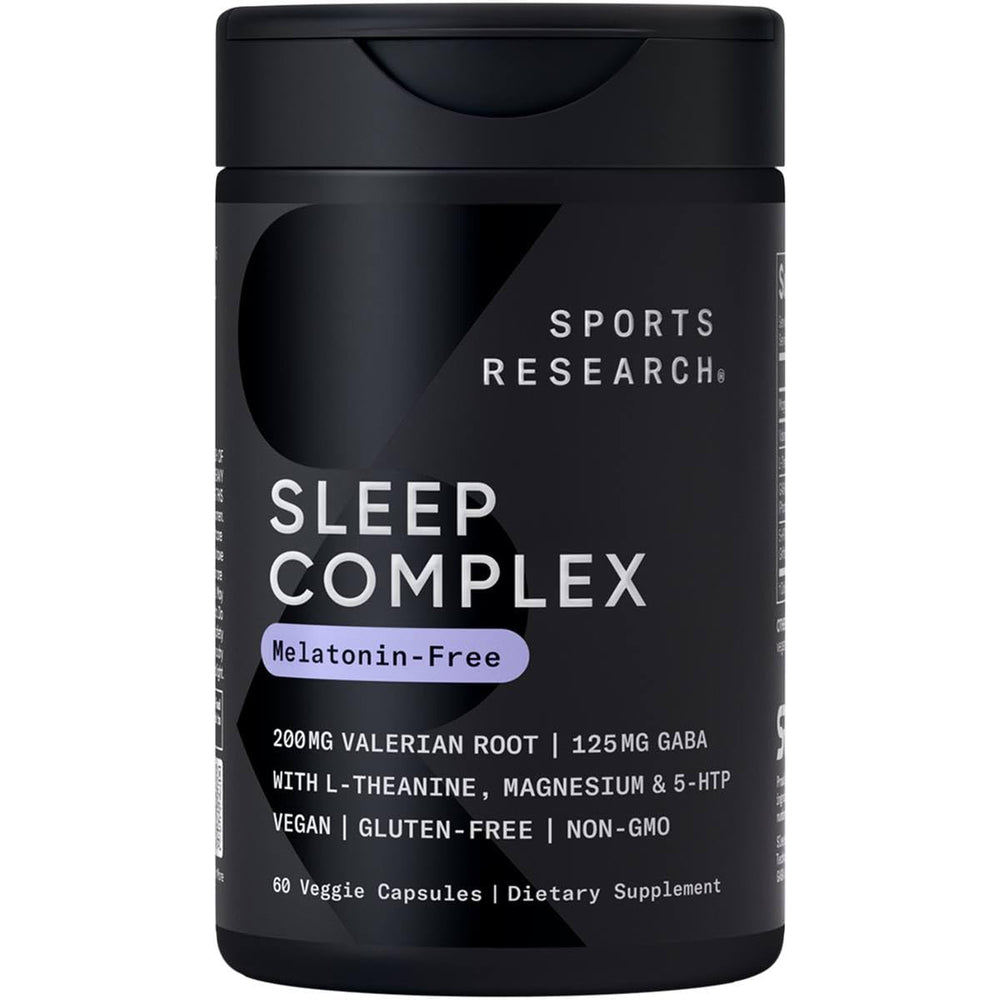 Sports Research Sleep Complex bottle front showing a melatonin-free vegan formula for restful nights.