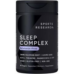Sports Research Sleep Complex bottle front showing a melatonin-free vegan formula for restful nights.