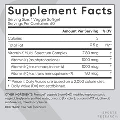 Sports Research three-type vitamin K graphic illustrates K1, MK4, MK7 roles at a glance.