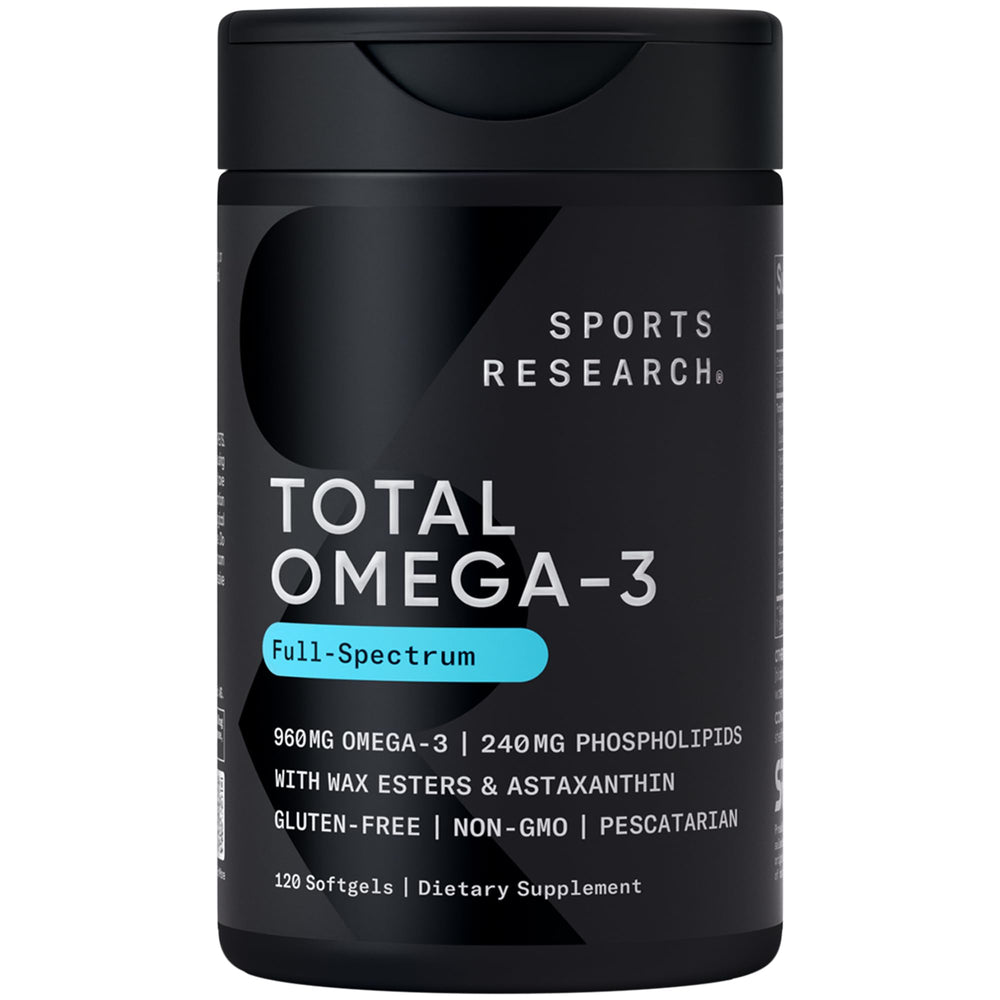 Sports Research Total Omega-3 bottle front view highlighting high potency formulation
