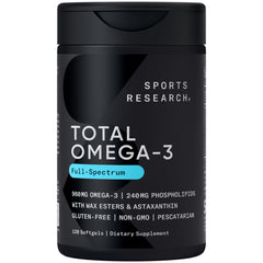 Sports Research Total Omega-3 bottle front view highlighting high potency formulation