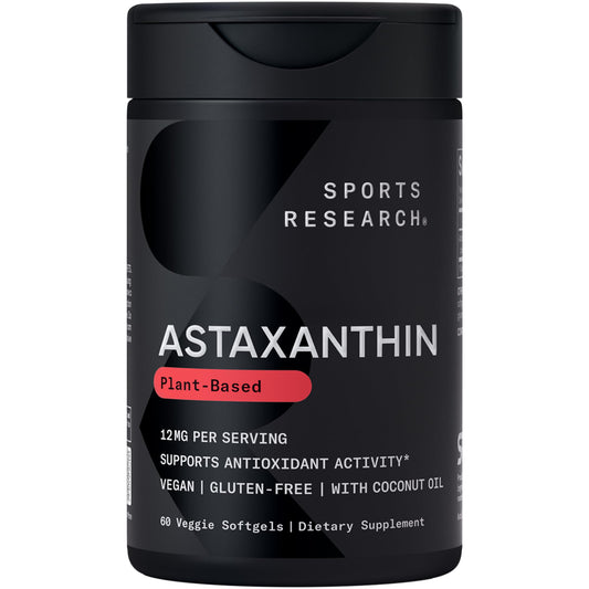 Sports Research triple-strength astaxanthin bottle front, high-potency antioxidant support.