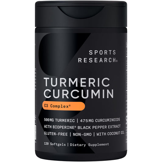 Sports Research Turmeric Curcumin C3 Complex bottle on shelf, premium daily wellness support.