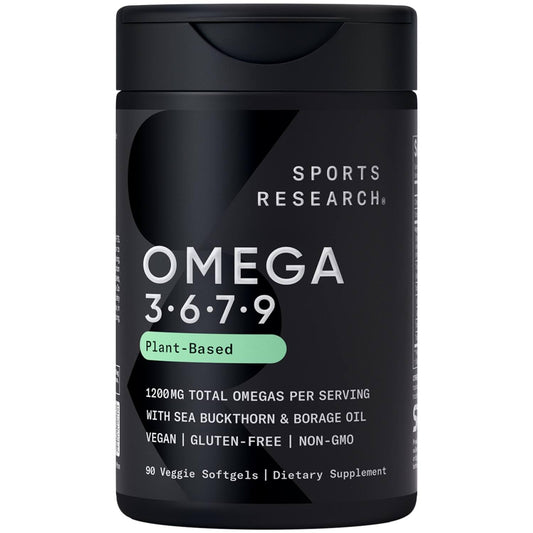 Sports Research Vegan Omega 3-6-7-9 bottle with 90 softgels for daily wellness