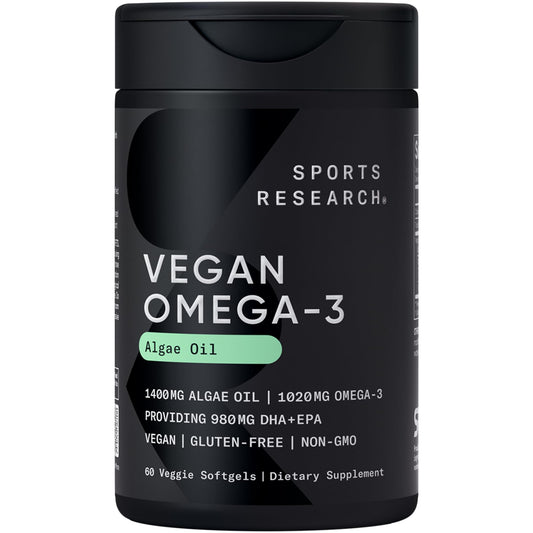 Sports Research Vegan Omega-3 algae softgel bottle closeup highlighting algae-sourced DHA and EPA.