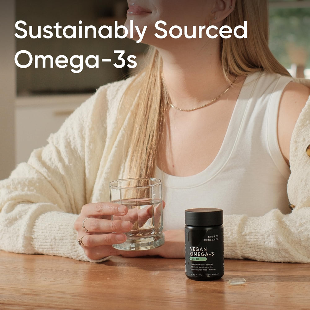 Sports Research Vegan Omega-3 algae source details highlight sustainable, cruelty-free origins.
