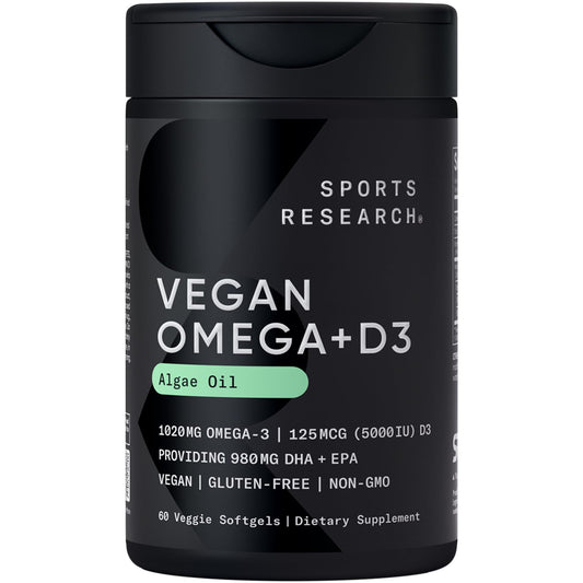 Sports Research vegan omega-3 with vitamin D3 bottle front for daily plant-based support.