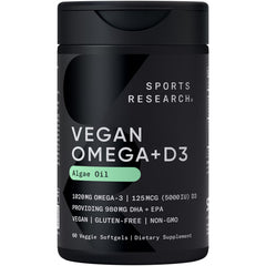 Sports Research vegan omega-3 with vitamin D3 bottle front for daily plant-based support.