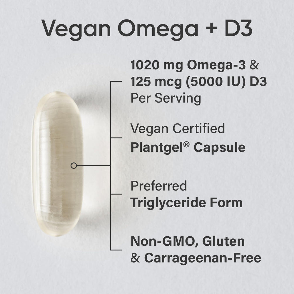 Sports Research vegan omega-3 D3 bottle side view highlighting 60 softgels for daily use.